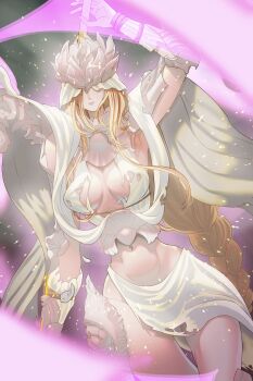 1girl arm_up armor blonde_hair breasts breasts_apart buren clothing_cutout commentary_request covered_eyes cowboy_shot elden_ring elden_ring_nightreign halter_shirt halterneck helmet helmet_over_eyes highres hip_armor holding holding_polearm holding_weapon long_braid navel navel_cutout ornate_armor parted_lips plunging_neckline polearm rope_braid sarong solo spear thighs weapon weapon_bequeathed_harmonia_(elden_ring) white_sarong