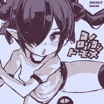 1girl backbeako_(torotei) backbeard blue_background blush breasts buruma chestnut_mouth commentary dated dated_commentary gegege_no_kitarou gym_shirt gym_uniform hair_over_one_eye hair_ribbon kono_lolicon_domome leg_lift long_hair looking_at_viewer monochrome open_mouth original paid_reward_available petite pointy_ears ribbon ringed_eyes shirt short_sleeves simple_background small_breasts solo standing standing_on_one_leg thighhighs torotei translated twintails watermark web_address