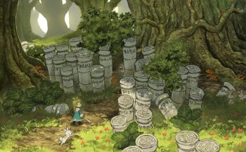 1girl absurdres antenna_hair blue_dress commentary_request creature day dress fantasy forest green_hair highres koki08186863 long_hair long_sleeves looking_back mushroom nature original outdoors path pillar road shield solo tree walking wide_shot