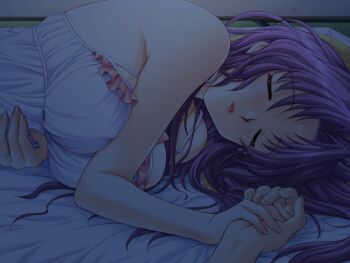 1girl ahoge aoi_sakura_(tsuma_shibori) breasts closed_eyes dress futon game_cg holding_hands kuroda_akimi large_breasts long_hair lying night non-web_source official_art purple_hair sleeping sleeveless sleeveless_dress tsuma_shibori tsumamigui_(series)