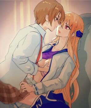 2girls after_kiss blonde_hair breasts brown_hair commentary_request grabbing_another's_breast groping hamunerisu hand_on_another's_shoulder heaven_burns_red highres kayamori_ruka long_hair looking_at_another medium_breasts multiple_girls purple_eyes red_eyes saliva saliva_trail shirakawa_yuina short_hair skirt yuri