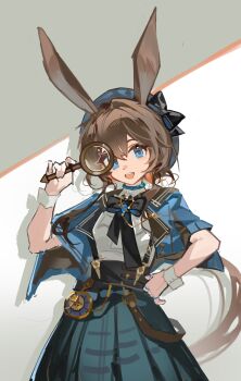 1girl absurdres amiya_(arknights) animal_ears arknights black_bow blue_capelet blue_choker blue_eyes blue_skirt bow brown_hair capelet chinese_commentary choker commentary_request hair_between_eyes hair_over_shoulder hand_on_own_hip hand_up hat hat_bow highres holding holding_magnifying_glass infection_monitor_(arknights) jewelry kuangketi long_hair magnifying_glass multiple_rings official_alternate_costume open_mouth rabbit_ears rabbit_girl ring ring_on_every_finger shirt skirt smile suspender_skirt suspenders white_shirt wrist_cuffs