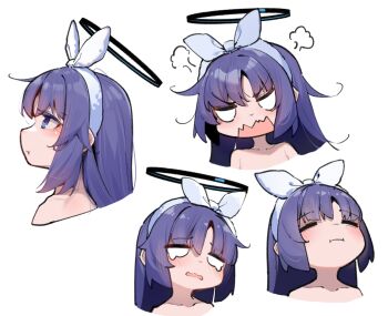 1girl :t blue_archive commentary_request halo long_hair multiple_views official_alternate_costume painterliuhao pout purple_hair simple_background white_background yuuka_(blue_archive) yuuka_(pajamas)_(blue_archive)