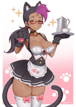 1girl animal_ears animal_hands apron bell black_gloves black_hair breasts cat_ears cat_girl cat_tail cleavage closed_eyes coffee_pot commission cowboy_shot cup dark-skinned_female dark_skin dress fanbox_username gloves long_hair maid microdress multicolored_hair neck_bell original paw_gloves pink_hair ponytail skindentation smile solo tail teacup thighhighs thighs two-tone_hair virus-g waist_apron waitress white_thighhighs