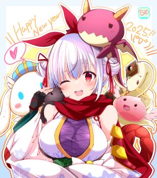 Rule 34 | 1girl, 2025, angeling, animal, animal on shoulder, black cat, black gloves, blush, bow, breasts, cat, cat on shoulder, chinese clothes, commentary request, detached sleeves, double bun, evil snake lord, fingerless gloves, fishnet top, fishnets, gloves, green sash, guan hat, hair bow, hair bun, halo, heart, highres, large breasts, looking at viewer, mian guan, nanaume (shichimi tougarashi), one eye closed, open mouth, ragnarok online, red bow, red eyes, red scarf, sash, scarf, shiranui (ragnarok online), sleeveless tunic, slime (creature), smile, solo, spoken heart, traditional halo, tunic, upper body, white background, white hair, white sleeves, white tunic, yellow halo, yin yang