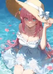 Rule 34 | 1girl, adjusting clothes, adjusting headwear, animated, arm support, bare shoulders, blue eyes, blush, bocchi the rock!, bow, breasts, chromatic aberration, cleavage, collarbone, commentary, cube hair ornament, day, dress, english commentary, fingernails, flower, flower on liquid, gotoh hitori, hair between eyes, hair ornament, hat, hat bow, large breasts, long hair, looking at viewer, looking to the side, making-of, one side up, open mouth, outdoors, partially submerged, pink flower, pink hair, pong (pong o0), sitting, sitting on water, sketch, sleeveless, sleeveless dress, solo, spaghetti strap, straw hat, sun hat, sweat, tagme, video, water, wet, wet clothes, white bow, white dress, yellow hat