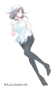 1girl ahchih ahoge apron bandana black_pantyhose frilled_apron frills full_body hair_flaps hands_on_own_chest highres kantai_collection long_hair low_twintails naked_apron one-hour_drawing_challenge pantyhose purple_hair red_eyes simple_background solo taigei_(kancolle) twintails white_background white_bandana