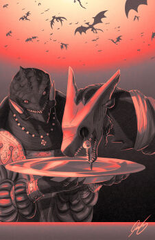 absurdres claws cross cross_necklace eyeball flying full_moon gamera gamera_(2015_short) gamera_(series) gyaos hanging_eye head highres jewelry kadokawa kaiju marza_animation_planet moon multiple_persona necklace night no_humans omnibus_japan plate pyrasterran renaissance renaissance_clothes sharp_teeth silhouette surreal tail talons teeth tongue tongue_out turtle tusks wings