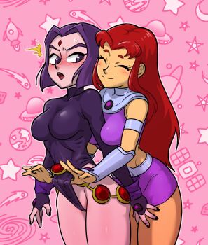 2girls blush breasts closed_eyes commentary dc_comics english_commentary facial_mark forehead_mark large_breasts leotard long_hair medium_hair miniskirt multiple_girls open_mouth purple_eyes purple_hair raven_(dc) red_hair skirt smile starfire ta-na_(tana351) tamaranean teen_titans thick_thighs thighs