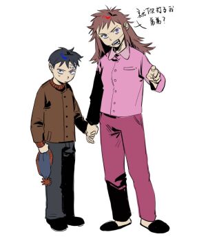 Rule 34 | 1boy, 1girl, black hair, black shoes, black slippers, blue eyes, blue hat, braces, brother and sister, brown hair, brown jacket, buttons, chinese text, closed mouth, collared shirt, commentary, english commentary, fingernails, full body, grey pants, hand up, hat, holding, holding hands, holding unworn clothes, holding unworn hat, jacket, kugai697139, long sleeves, looking at viewer, messy hair, open mouth, pants, pink shirt, pointing, pointing at viewer, pom pom (clothes), purple pants, shelley marsh, shirt, shoes, short hair, siblings, slippers, south park, speech bubble, stan marsh, standing, sweatdrop, teeth, translation request, unworn hat, unworn headwear, v-shaped eyebrows