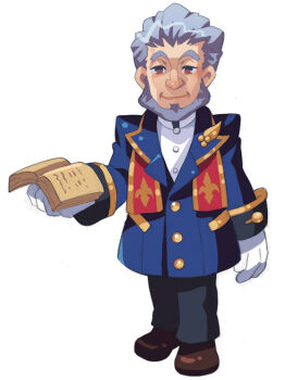 Rule 34 | 1boy, arm at side, asgard, beard, bf. (sogogiching), black pants, blue coat, blue sleeves, book, brown eyes, brown shoes, buttons, clerical collar, closed mouth, coat, commentary, facial hair, father joseph, full body, gloves, gold buttons, grey facial hair, grey hair, holding, holding book, lapels, legs together, long sleeves, looking at viewer, lowered eyelids, male focus, nexon, official art, old, old man, open book, pants, peaked lapels, pocket, priest, second-party source, shirt, shoes, shoulder pads, simple background, smile, solo, standing, stole, thick eyebrows, undershirt, white background, white gloves, white shirt