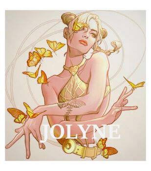 1girl absurdres bare_shoulders blonde_hair border braid bug butterfly butterfly_on_hand butterfly_tattoo character_name chinese_commentary collarbone commentary_request criss-cross_halter cropped_torso crossed_arms double_bun ginsky2000 green_eyes grey_background hair_bun halterneck highres insect jojo_no_kimyou_na_bouken jojo_pose kuujou_jolyne looking_to_the_side red_lips solo stone_ocean tattoo white_border