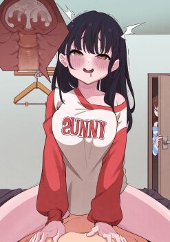 1boy 2girls absurdres black_hair blush boku_no_kokoro_no_yabai_yatsu bottomless breasts brown_eyes censored clothed_female_nude_male clothes_hanger clothes_writing commentary cowgirl_position cum cum_in_pussy drooling ejaculation hetero highres ichikawa_kana ichikawa_kyoutarou internal_cumshot large_breasts long_hair long_sleeves lying mekato mosaic_censoring multiple_girls naked_shirt nude off_shoulder on_back open_mouth paid_reward_available peeking penis pov pov_crotch red_sleeves sex shirt solo_focus straddling white_shirt x-ray yamada_anna