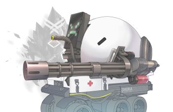 arknights cable cannon commentary cross english_commentary from_side gatling_gun glowing gun lancet-2_(arknights) machine mecha no_humans non-humanoid_robot red_cross robot shuka_blavatsky simple_background weapon white_background