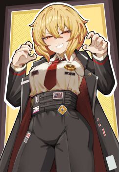 1girl absurdres arms_up black_coat black_pants blonde_hair bob_cut bread bread_slice breasts coat collared_shirt commentary cowboy_shot don_quixote_(project_moon) fang food from_below hair_between_eyes high-waist_pants highres lapels limbus_company long_sleeves looking_at_viewer medium_breasts naughty_face necktie notched_lapels open_clothes open_coat outline outside_border pants polka_dot project_moon red_necktie shirt shirt_tucked_in short_hair simple_background skin_fang solo standing toast tongue tongue_out untranslatable_commentary upper_body white_background white_outline white_shirt yellow_background yellow_eyes yuu_azma