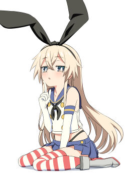 1girl absurdres baasaku_(balasaku24) black_neckerchief black_panties blonde_hair blue_sailor_collar blue_skirt commentary_request elbow_gloves gloves highleg highleg_panties highres kantai_collection long_hair looking_at_viewer microskirt neckerchief panties pleated_skirt sailor_collar shimakaze_(kancolle) sitting skirt solo striped_clothes striped_thighhighs thighhighs underwear wariza white_gloves