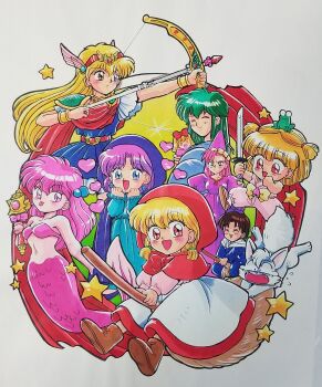 2boys 6+girls :d :p ^_^ akazukin_chacha animal animal_on_head aqua_dress arrow_(projectile) belt bikini black_eyes blonde_hair blue_cloak blue_dress blue_eyes blue_robe boots bow bow_(weapon) bracer broom broom_riding brown_boots brown_eyes capelet chacha_(akazukin_chacha) child cloak closed_eyes closed_mouth collar commentary doll dorothy_(akazukin_chacha) drawing_bow dress elizabeth_(akazukin_chacha) everyone fangs flying_sweatdrops frog frog_on_head green_hair hair_ornament hairband hands_up hat heart hennin highres holding holding_bow_(weapon) holding_doll holding_sword holding_wand holding_weapon hood hood_up hooded_capelet hooded_cloak jewelry kokomahi long_hair long_scarf looking_at_another looking_at_viewer magical_princess marin_(akazukin_chacha) mermaid monster_girl multiple_boys multiple_girls navel on_head open_mouth orin_(akazukin_chacha) pants pink_bikini pink_dress pink_eyes pink_hair pink_hat pink_pants pink_shirt puffy_pants puffy_sleeves purple_hair red_belt red_capelet red_eyes red_hairband red_scarf riiya_(akazukin_chacha) ring robe sandals scarf seravi_(akazukin_chacha) shiine_(akazukin_chacha) shirt short_hair short_sword single_shoulder_pad skirt smile star_(symbol) swimsuit sword tongue tongue_out traditional_media two_side_up wand weapon white_skirt wing_hair_ornament wings wolf yakko_(akazukin_chacha) yellow_bow