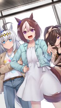 3girls ahoge animal_ears aqua_jacket belt blue_eyes bow braid brown_belt brown_coat brown_hair brown_hairband casual coat collarbone commentary cowboy_shot crossed_arms denim dress dutch_angle ear_bow ear_ornament ears_down glutton grey_hair hair_between_eyes hair_over_one_eye hairband half_up_braid hand_on_own_hip highres horse_ears horse_girl horse_tail jacket jeans jitome long_hair long_sleeves looking_at_viewer merxkialis multicolored_hair multiple_girls no_mouth official_alternate_costume oguri_cap_(umamusume) open_mouth outstretched_hand pants purple_bow purple_eyes rice_shower_(umamusume) short_hair special_week_(umamusume) swept_bangs tail trait_connection two-tone_hair umamusume v-shaped_eyebrows white_dress yellow_hairband