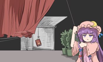 1girl blue_bow booby_trap book bow cage capelet crescent crescent_hat_ornament curtains dress hair_bow hat hat_ornament highres holding long_hair mob_cap namiki_(remiter00) patchouli_knowledge plant potted_plant pulling purple_eyes purple_hair red_bow ribbon scowl solo striped_clothes touhou unamused unhappy vertical-striped_clothes