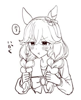 Rule 34 | 1girl, animal ears, annoyed, blush, braid, breasts, commentary request, curren bouquetd'or (umamusume), hair between eyes, hair ornament, horse ears, long braid, long hair, looking at viewer, low twin braids, pout, school uniform, scottleworfli, small breasts, solo, tracen school uniform, twin braids, umamusume, white background