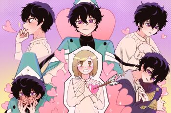 2girls agott_arklaum_(tongari_boushi_no_atelier) arrow_through_heart blue_hat blue_robe blush brown_eyes brown_hair coco_(tongari_boushi_no_atelier) commentary dress english_commentary hat heart jacket multiple_girls open_mouth purple_eyes purple_hair purple_jacket qifrey's_atelier_apprentice_uniform robe short_hair smile sparkle takasakisaito tongari_boushi_no_atelier white_dress wizard_hat yuri