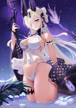 1girl absurdres aoi_tooru arknights between_fingers bikini black_horns blonde_hair breasts cleavage closed_mouth commentary_request cowboy_shot dragon_girl dragon_horns dragon_tail earrings fire flame-tipped_tail flower green_eyes hair_over_one_eye hair_ribbon highres holding holding_weapon horns jewelry large_breasts long_hair long_sidelocks looking_at_viewer navel necrass_(arknights) necrass_(summer_flowers)_(arknights) official_alternate_costume purple_fire purple_ribbon ribbon see-through_dress_swimsuit sidelocks sky solo star_(sky) starry_sky swimsuit tail water weapon wet white_bikini white_flower