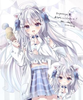 1girl 8hj_xtt :q animal_ears artist_name blue_bow blue_eyes blue_skirt bow cat_ears cat_girl commentary_request commission cowboy_shot dated detached_sleeves food hair_bow hands_up highres ice_cream long_hair multiple_views open_mouth original pleated_skirt shirt skeb_commission skirt solo tongue tongue_out white_hair white_shirt