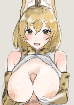 1boy 1girl animal_ears blush bow bowtie breasts breasts_squeezed_together cleavage clueless commentary_request elbow_gloves extra_ears gloves hetero highres kemono_friends large_breasts looking_at_viewer nipples oh_y0u open_mouth orange_bow orange_bowtie paizuri penis pov pov_crotch print_bow print_bowtie serval_(kemono_friends) short_hair sleeveless smile solo_focus two-tone_bow two-tone_bowtie white_bow white_bowtie