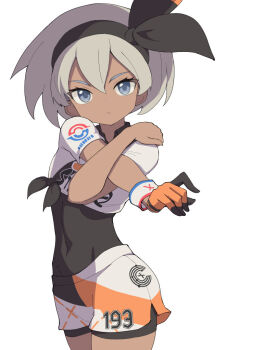 1girl bea_(pokemon) black_bodysuit black_hairband blue_eyes bodysuit bodysuit_under_clothes bow_hairband breasts closed_mouth commentary_request covered_navel cross-body_stretch dark-skinned_female dark_skin gloves grey_eyes grey_hair hair_between_eyes hairband hiyoshipow looking_at_viewer nintendo pokemon pokemon_swsh print_shirt print_shorts shirt short_hair short_sleeves shorts side_slit side_slit_shorts simple_background single_glove solo stretching tied_shirt white_background