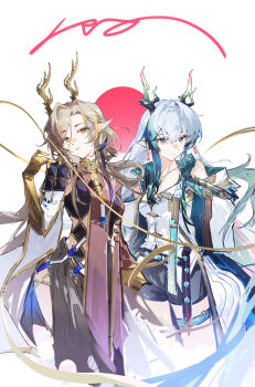 2girls absurdres arknights black_shorts blue_hair blue_hands blue_streaks breasts brown_dress brown_hands chinese_commentary closed_mouth colored_extremities commentary_request dragon_girl dragon_horns dragon_tail dress eastern_dragon_horns eastern_dragon_tail feet_out_of_frame genderswap genderswap_(mtf) grey_hair hair_between_eyes hand_up highres horns jacket ji_(arknights) long_hair looking_at_viewer luan_teng medium_breasts multicolored_hair multiple_girls pointy_ears shirt shorts standing streaked_hair tail white_background white_jacket white_shirt yi_(arknights)