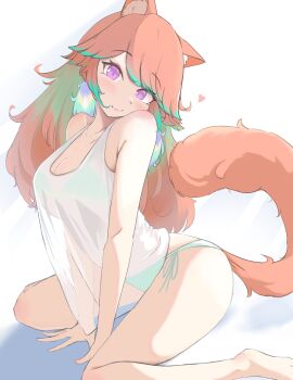 1girl absurdres adapted_costume animal_ears bare_arms bare_legs bare_shoulders bikini bikini_under_clothes blush breasts cat_ears cat_tail cleavage closed_mouth collarbone curvy earrings feather_earrings feathers green_hair halterneck head_tilt highres hololive hololive_english jewelry kearperry kemonomimi_mode large_breasts long_hair looking_at_viewer multicolored_hair no_pants orange_hair purple_eyes see-through_silhouette shirt_overhang side-tie_bikini_bottom simple_background sitting smile solo string_bikini swept_bangs swimsuit tail takanashi_kiara takanashi_kiara_(casual) tank_top thick_thighs thighs two-tone_hair v_arms virtual_youtuber white_background white_tank_top