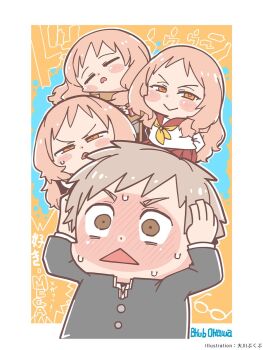 Rule 34 | 1boy, 1girl, :>, arms behind back, artist name, bkub, black jacket, blush, blush stickers, border, brown eyes, brown hair, chibi, chibi only, closed eyes, closed mouth, commentary request, countdown illustration, desk, dot nose, full-face blush, gakuran, hands on own head, highres, jacket, komura kaede, long hair, long sleeves, mie ai, neckerchief, official art, open mouth, orange eyes, outline, outside border, pink hair, pleated skirt, red sailor collar, red skirt, sailor collar, school desk, school uniform, second-party source, serafuku, shirt, short hair, skirt, sleeping, sukinako ga megane wo wasureta, sweat, sweatdrop, translation request, triangle mouth, v-shaped eyebrows, white border, white outline, white shirt, yellow background, yellow neckerchief