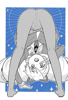 1girl blue_background bow commentary_request dress drill_hair hair_bow heriyama loli long_hair looking_at_viewer luna_platz_(mega_man) mega_man_(series) mega_man_star_force_(series) open_mouth pantyhose sparkle twin_drills v very_long_hair