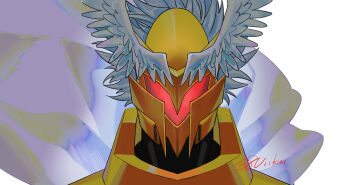 1boy absurdres cape close-up digimon digimon_(creature) digimon_story:_time_stranger feathered_wings gold_helmet head_wings highres jupitermon male_focus o_kura_o red_eyes simple_background solo white_background white_cape white_wings wings