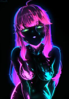 Rule 34 | 1girl, ahoge, aivy lovencraft, black background, breasts, collarbone, commentary request, commission, completely nude, glitch, green eyes, groin, highres, indie virtual youtuber, inverted colors, leaning forward, long hair, looking at viewer, monocle, navel, nude, open mouth, paint splatter, paint splatter on face, pink hair, simple background, solo, spanish commentary, stomach, twitter username, virtual youtuber, yisusjpl