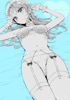 1girl absurdres ahoge blue_background blush bow bra breasts closed_mouth commentary_request facial_mark forehead_mark frilled_wrist_cuffs frills garter_belt greyscale_with_colored_background highres koi_to_senrigan_to_aonisai long_hair lying navel on_back ouchi_kaeru panties solo stomach sweat thighhighs underwear wrist_cuffs