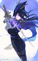 Rule 34 | 1girl, absolution (genshin impact), antique firearm, ascot, black corset, black skirt, blue ascot, blue cape, blue hair, blue hat, breasts, cape, clorinde (genshin impact), closed mouth, commentary request, corset, dark blue hair, dual wielding, elbow gloves, electricity, epaulettes, f.sakuma, firearm, fold-over gloves, framed breasts, from side, genshin impact, gloves, gun, hair between eyes, hat, hat feather, highres, holding, holding sword, holding weapon, large breasts, long hair, long hair between eyes, looking at viewer, multicolored hair, pencil skirt, purple eyes, shirt, skirt, solo, standing, streaked hair, sword, taut clothes, taut shirt, tricorne, vision (genshin impact), weapon, white gloves, white shirt
