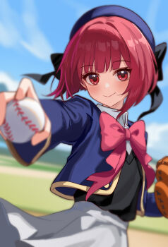 1girl absurdres amamiyayk arima_kana ball baseball_(object) baseball_glove beret black_bow black_sweater_vest blue_hat blue_jacket blunt_bangs blunt_ends blurry blurry_background blush bob_cut bow bowtie closed_mouth collared_shirt commentary_request cowboy_shot day depth_of_field dutch_angle foreshortening hair_bow hair_intakes hat highres holding holding_ball jacket long_sleeves looking_at_viewer open_clothes open_jacket oshi_no_ko outdoors pink_bow pink_bowtie red_eyes red_hair school_uniform shirt short_hair skirt smile solo split_mouth sweater_vest white_shirt white_skirt