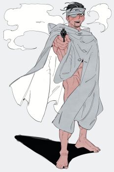 1boy absurdres aiming aiming_at_viewer bandage_over_one_eye bandaged_head bandages barefoot black_hair cloak facial_hair facial_scar finger_on_trigger golden_kamuy gun haaa_om007ls highres hood hooded_cloak male_focus naked_cloak ogata_hyakunosuke open_mouth scar scar_on_cheek scar_on_face short_hair smile smoke smoking_barrel solo weapon white_cloak