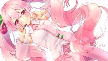 1girl artist_name bad_thumbnail blush cherry_blossoms cherry_hair_ornament clip_studio_paint_(medium) closed_mouth commentary_request dated detached_sleeves dutch_angle flower food-themed_hair_ornament hair_flower hair_ornament hatsune_miku headset highres hiragana_sherry light_smile long_hair looking_at_viewer making-of_available necktie pink_flower pink_hair pink_necktie pink_skirt red_eyes sakura_miku shirt simple_background skirt sleeveless sleeveless_shirt solo tie_clip twintails very_long_hair vocaloid white_background