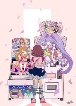 3girls :d aikatsu! aikatsu!_(series) arcade_cabinet blue_skirt bow brown_hair commentary_request confetti crossover dress genre_connection hair_bow highres hikami_sumire hojo_sophy idol_clothes long_hair manaka_laala minami_mirei multiple_girls open_mouth orange_hair ozora_akari pink_bow pink_shirt pink_shoes pink_skirt pretty_series pripara purple_hair shichiko_(kerori) shinjo_hinaki shirt shoes skirt smile socks standing through_medium through_screen twintails v v_over_eye very_long_hair white_socks