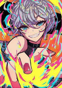 1girl absurdres black_choker blue_eyes choker colorful commentary english_commentary fingernails fire grey_hair grin hair_between_eyes highres karan_koron100 looking_at_viewer orange_background original parted_bangs short_hair smile solo upper_body yellow_fire