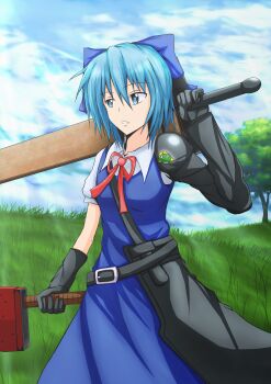 Rule 34 | 1girl, absurdres, advent cirno, belt, blue dress, blue eyes, blue hair, blue sky, bow, cirno, cloud, day, dress, female focus, gauntlets, grass, hair bow, highres, keroro, keroro gunsou, light rays, looking away, matching hair/eyes, outdoors, over shoulder, parted lips, ribbon, short hair, short sleeves, sky, solo, sunbeam, sunlight, sword, sword over shoulder, taishi (e-star1217), touhou, tree, weapon, weapon bag, weapon over shoulder