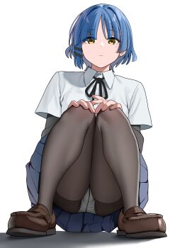 1girl absurdres black_ribbon blue_hair blue_skirt bocchi_the_rock! brown_shoes closed_mouth collared_shirt commentary crotch_seam expressionless full_body grey_pantyhose hair_ornament hairclip hands_on_own_knees highres layered_sleeves loafers long_sleeves looking_at_viewer magurotatakighn mole mole_under_eye neck_ribbon panties panties_under_pantyhose pantyhose parallel_hairclips parted_bangs pleated_skirt ribbon school_uniform shadow shirt shoes short_hair short_over_long_sleeves short_sleeves simple_background skirt solo squatting straight_hair undershirt underwear white_background white_panties white_shirt yamada_ryo yellow_eyes