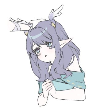 2girls aged_down antlers aqua_eyes aqua_shirt bare_shoulders columbina_(genshin_impact) commentary_request genshin_impact grey_hair highres horns lauma_(genshin_impact) multiple_girls naengbi1008 off-shoulder_shirt off_shoulder own_hands_together parted_lips pointy_ears shirt short_sleeves simple_background solo_focus upper_body white_background