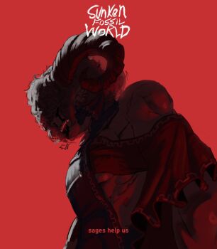 1girl blood blood_on_face breasts cianetoneon clothing_request curled_horns english_text frown godzilla_(series) highres horn_ornament horn_ribbon horns movie_poster_(medium) muscular muscular_female poster_parody red_background red_theme ribbon sharp_teeth shin_godzilla short_hair solo sunken_fossil_world teeth touhou toutetsu_yuuma underboob