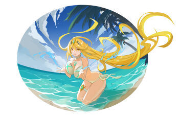 1girl absurdres blonde_hair breasts chest_jewel coconut_tree commentary earrings highres jewelry large_breasts long_hair mythra_(xenoblade) o2_(rin617) palm_tree shore solo tiara tree very_long_hair xenoblade_chronicles_(series) xenoblade_chronicles_2 yellow_eyes