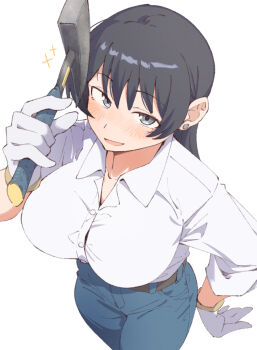 1girl arato_nagi black_hair blue_eyes blue_pants blush breasts cleavage collared_shirt denim earrings eitopondo hammer highres holding holding_hammer jeans jewelry large_breasts long_hair looking_at_viewer open_mouth pants ruri_no_houseki shirt simple_background sleeves_rolled_up smile solo standing stud_earrings taut_clothes taut_pants white_background white_shirt work_gloves