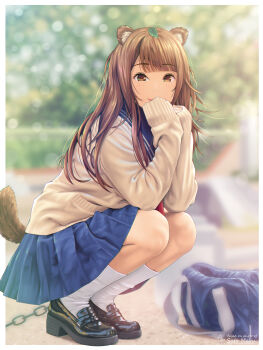 1girl a.x. absurdres animal_ears black_shoes blue_skirt blurry bokeh border brown_eyes brown_hair commentary_request dated depth_of_field english_text highres leaf leaf_on_head long_hair looking_at_viewer original outdoors outside_border photo-referenced pleated_skirt raccoon_ears raccoon_girl school_uniform serafuku shoes skirt smile socks solo squatting sweater tail white_border white_socks
