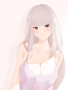 1girl blunt_bangs blush breasts camisole cleavage closed_mouth collarbone commentary elf emilia_(re:zero) gradient_background grey_hair highres large_breasts light_smile long_hair looking_at_viewer misoudesu pink_background pointy_ears purple_eyes re:zero_kara_hajimeru_isekai_seikatsu solo upper_body white_camisole